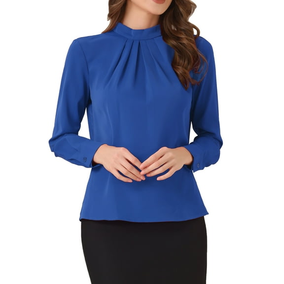 INSPIRE CHIC Fall Winter Stand Collar Chiffon Blouse for Women's Long Sleeve Business Casual Work Shirt XS Royal Blue