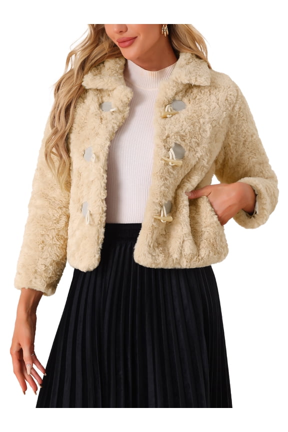 Faux Fur Coats for Women's Collar Cropped Winter Warm Outwear Casual Jacket Apricot L