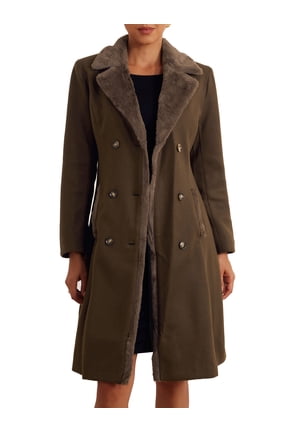 Faux Fur Lapel Coat for Women's Fashion Double-Breasted Winter Warm Coats S Dark Brown