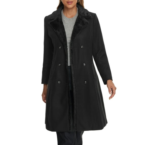 INSPIRE CHIC Faux Fur Lapel Coat for Women's Fashion Double-Breasted Winter Warm Coats M Black