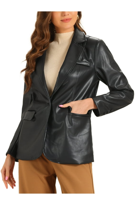 Women's Jacket Faux Leather Blazer Lapel Collar PU Moto Biker Jackets M Black