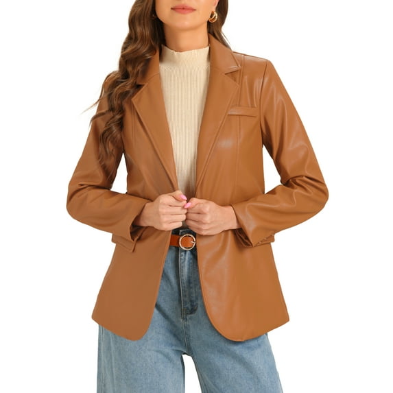 INSPIRE CHIC Women's Jacket Faux Leather Blazer Lapel Collar PU Moto Biker Jackets XL Caramel