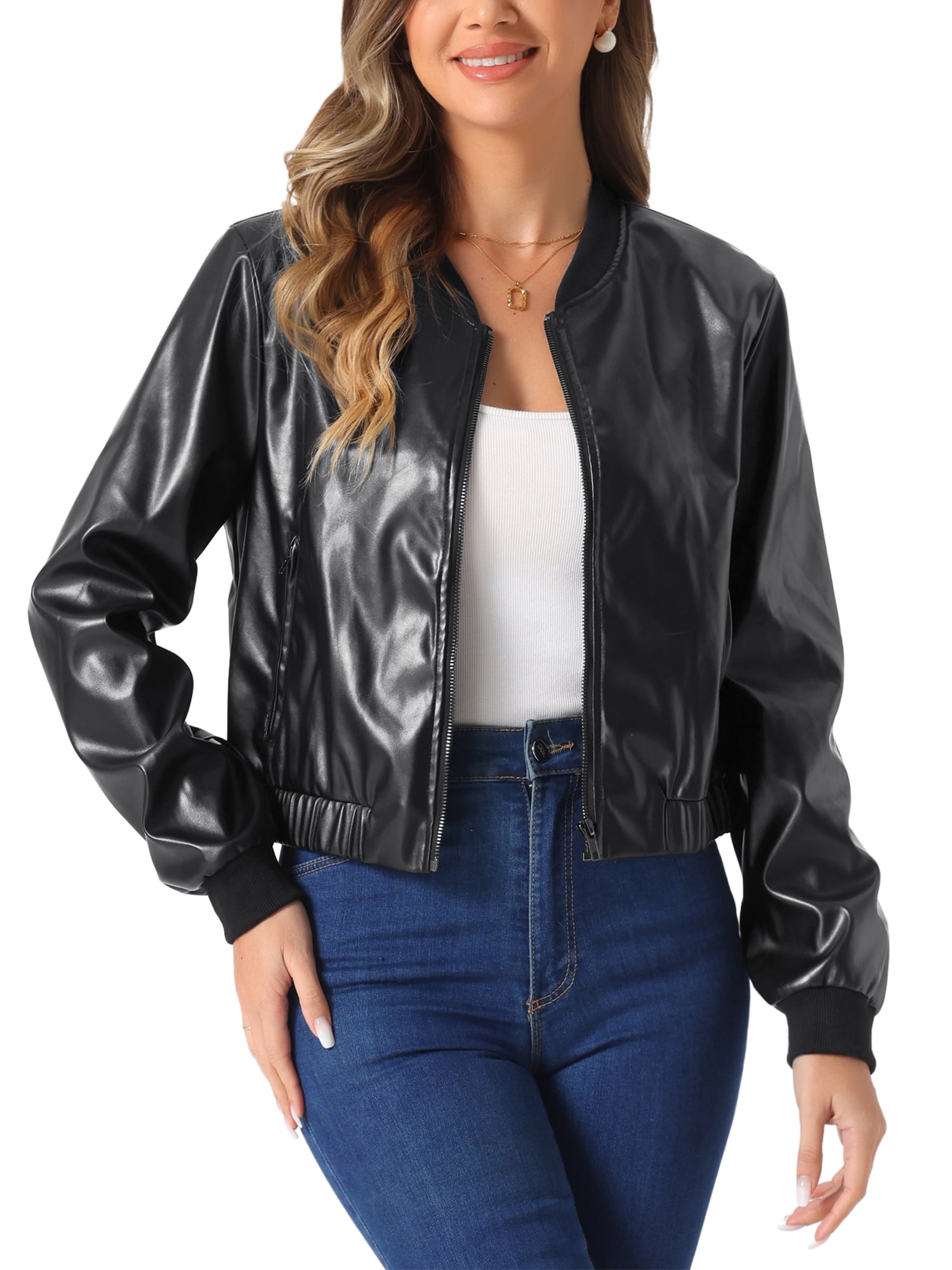 INSPIRE CHIC Faux Leather Bomber Jacket for Women's Moto Bike Zip Up PU Cropped Coat