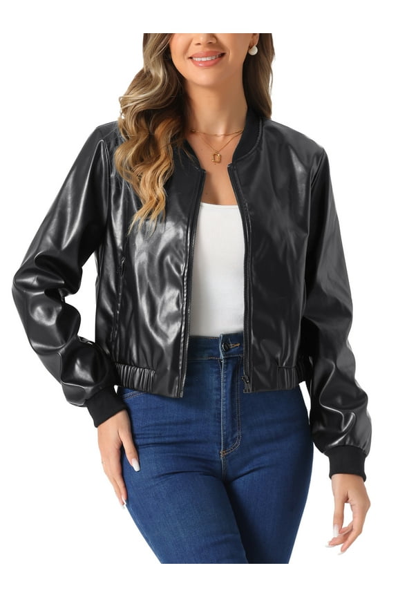 Faux Leather Bomber Jacket for Women's Moto Bike Zip Up PU Cropped Coat