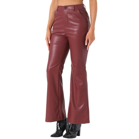 INSPIRE CHIC Faux Leather Casual Pant for Women's High Waist Bell Bottom Flared Long PU Trouser L Burgundy