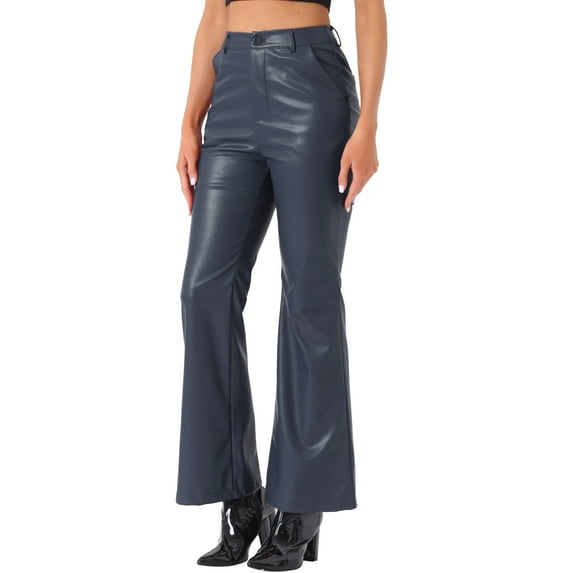 INSPIRE CHIC Faux Leather Casual Pant for Women's High Waist Bell Bottom Flared Long PU Trouser XS Dark Blue