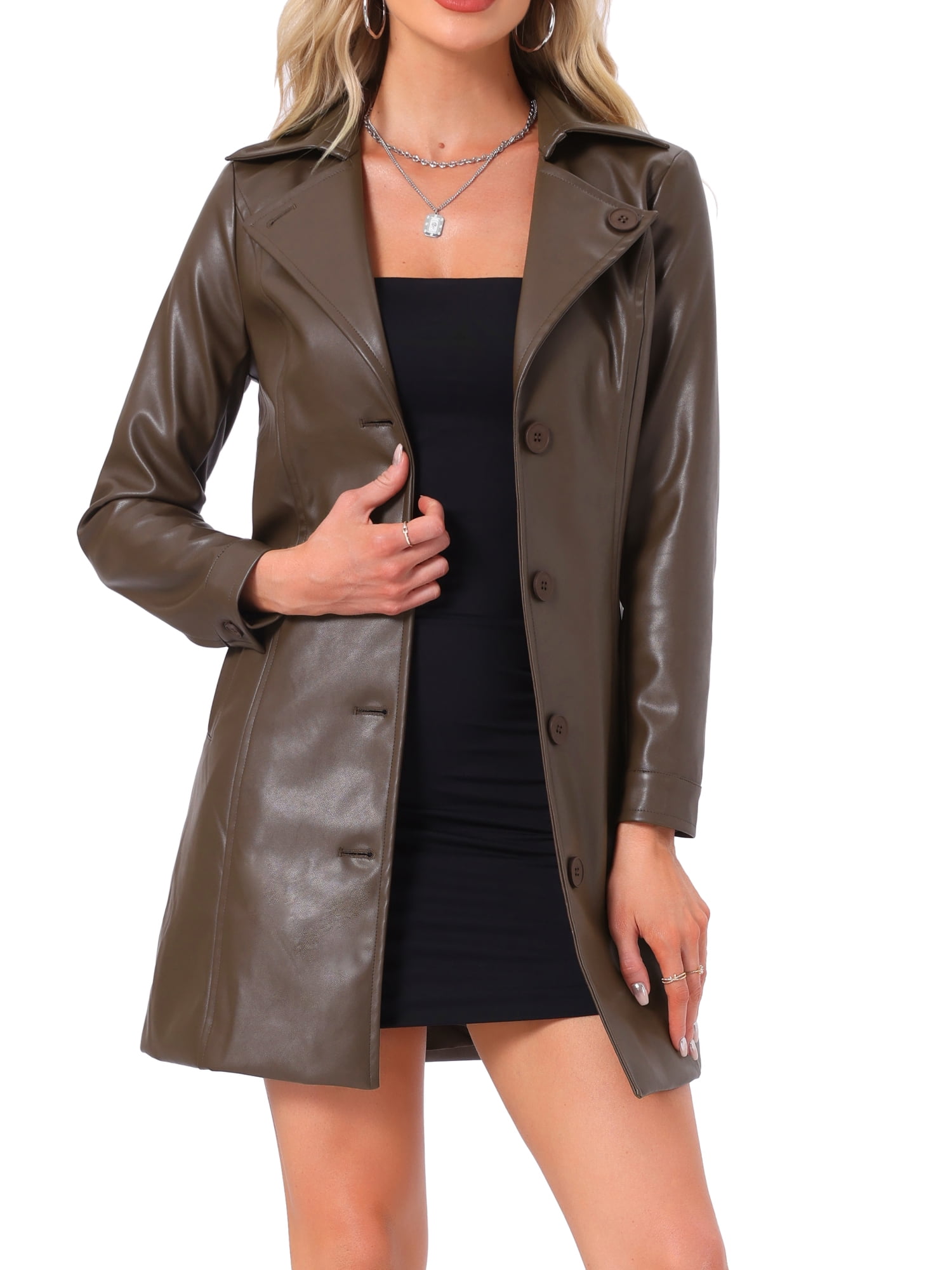 INSPIRE CHIC Faux Leather Coat for Women's Notched Lapel Collar Button Down Steampunk PU Outwear XL Brown