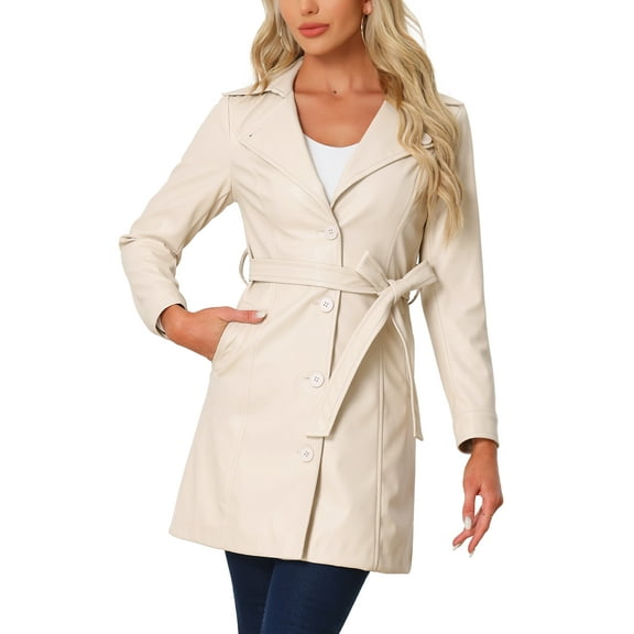 INSPIRE CHIC Faux Leather Coat for Women's Notched Lapel Collar Button Down Steampunk PU Outwear XS Cream White