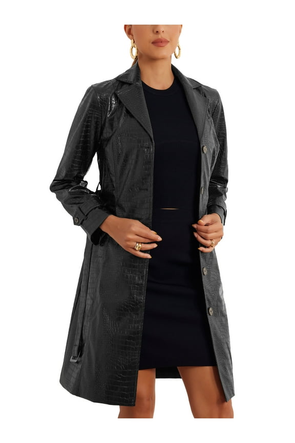 Faux Leather Coats for Women's Notched Collar Button Down Winter Long Coat