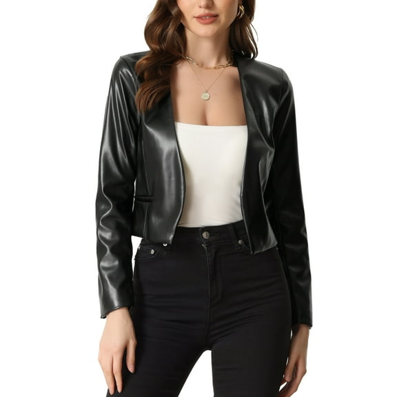 INSPIRE CHIC Women's Coat Faux Leather Crop Collarless Open Front PU Moto Biker Jackets S Black