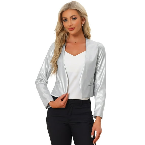 INSPIRE CHIC Women's Coat Faux Leather Crop Collarless Open Front PU Moto Biker Jackets S Silver