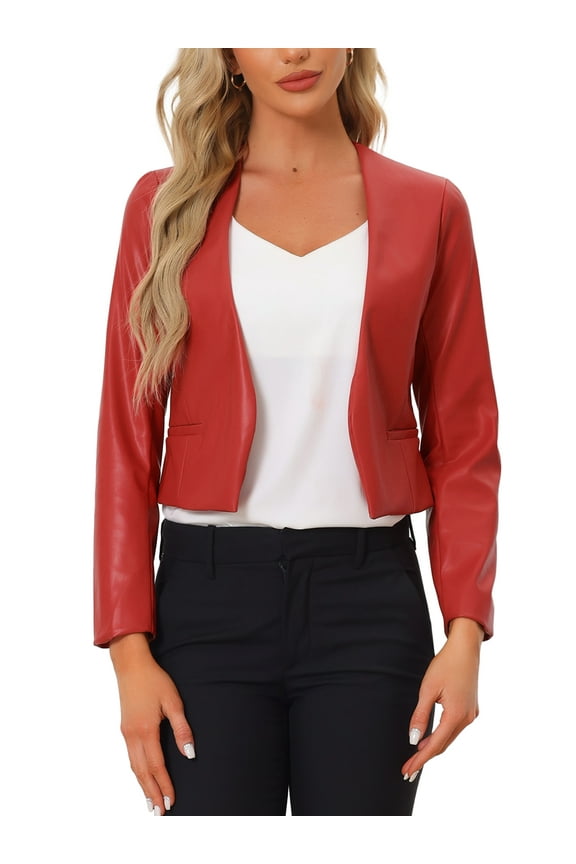 Women's Coat Faux Leather Crop Collarless Open Front PU Moto Biker Jackets XL Red