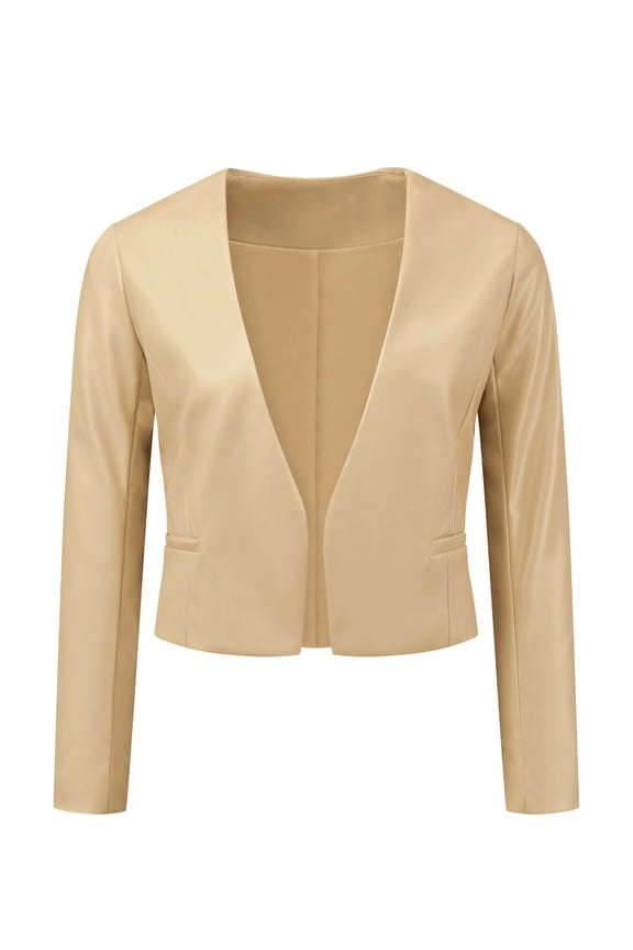 Women's Coat Faux Leather Crop Collarless Open Front PU Moto Biker Jackets XS Gold