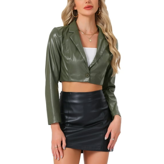Allegra K Faux Leather Cropped Blazer for Women's Notched Lapel Collar Single Breasted Moto PU Jackets S Army Green