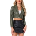 thumbnail image 1 of Allegra K Faux Leather Cropped Blazer for Women's Notched Lapel Collar Single Breasted Moto PU Jackets XL Army Green, 1 of 5