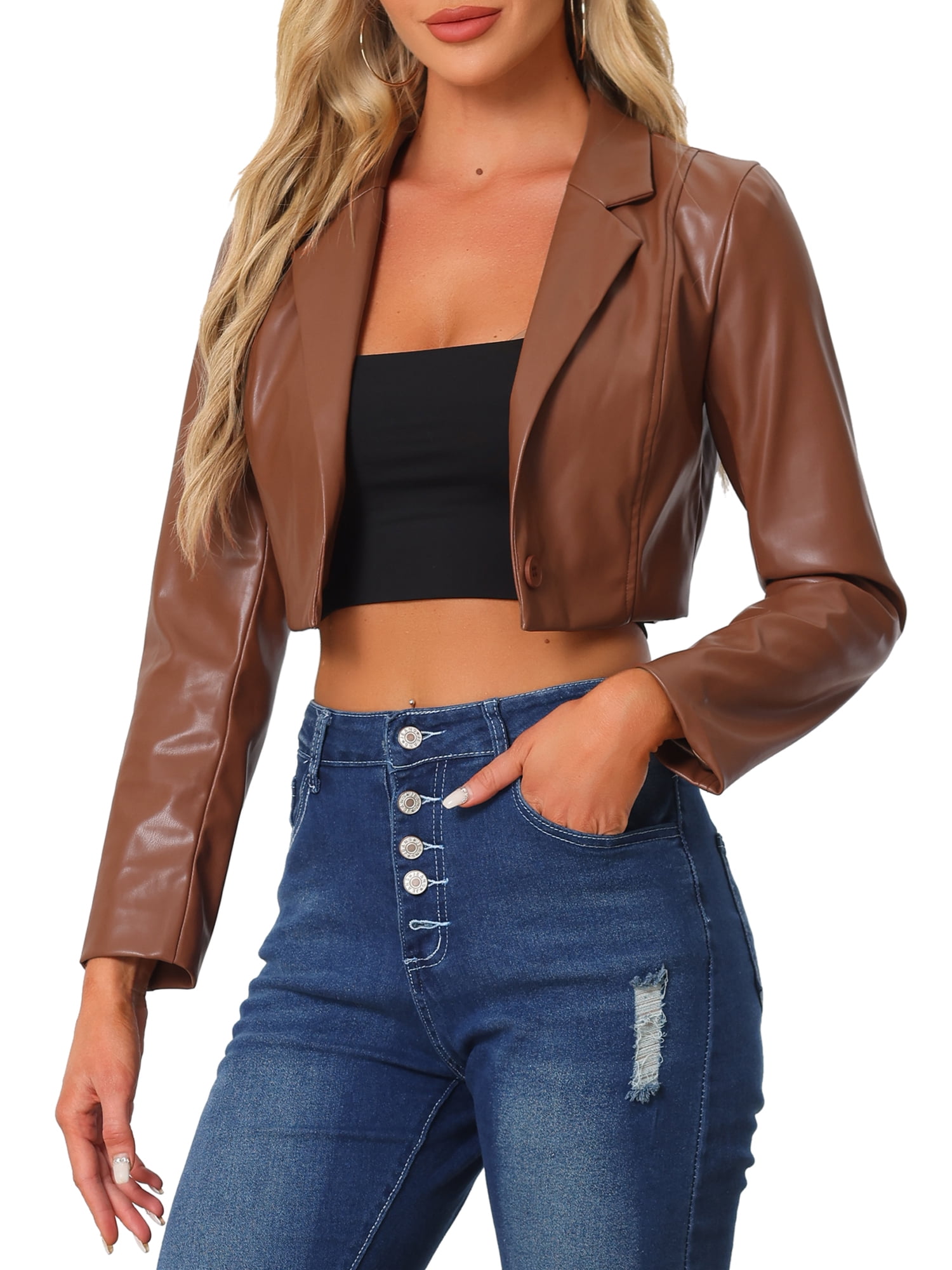 INSPIRE CHIC Faux Leather Cropped Blazer for Women's Notched Lapel Collar Single Breasted Moto PU Jackets S Brown
