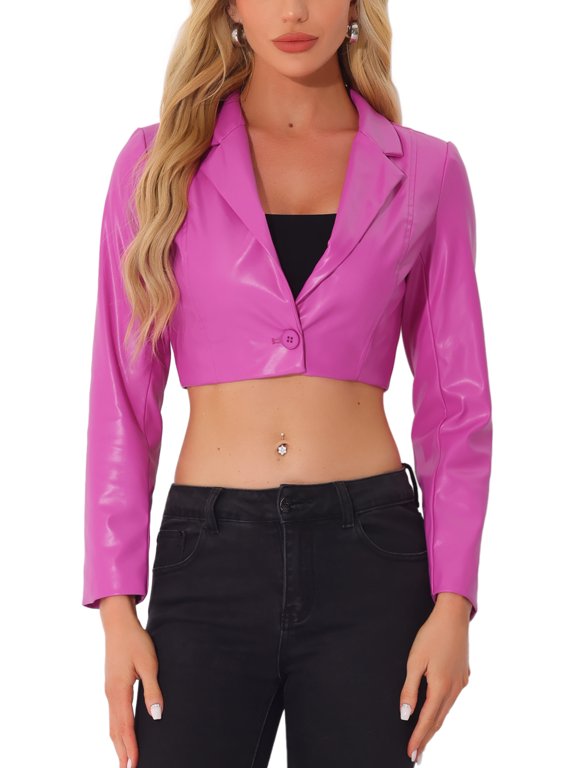 Halloween Faux Leather Cropped Blazer for Women's Notched Lapel Collar Single Breasted Moto PU Jackets XS Hot Pink