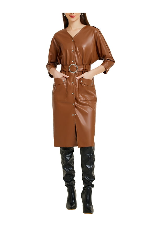 Faux Leather Dress for Women's Button Down V Neck Party Club Midi Dresses