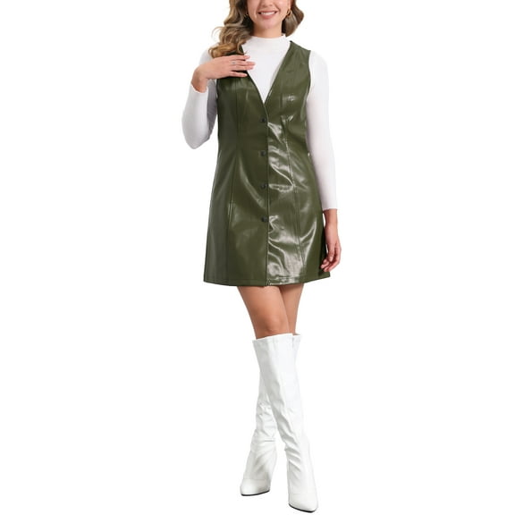 INSPIRE CHIC Women's Faux Leather V Neck Button Down Mini Pinafore Dress S Olive Green