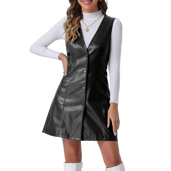 INSPIRE CHIC Women's Faux Leather V Neck Button Down Mini Pinafore Dress XS Black