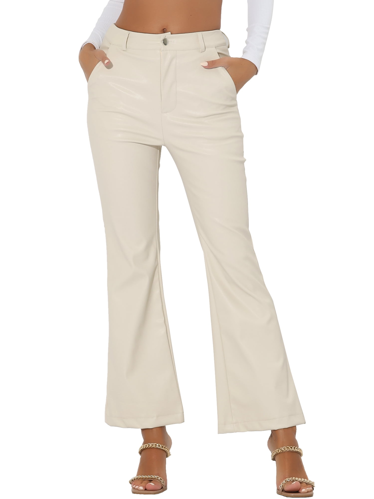INSPIRE CHIC Faux Leather Casual Pant for Women's High Waist Bell Bottom Flared Long PU Trouser S White