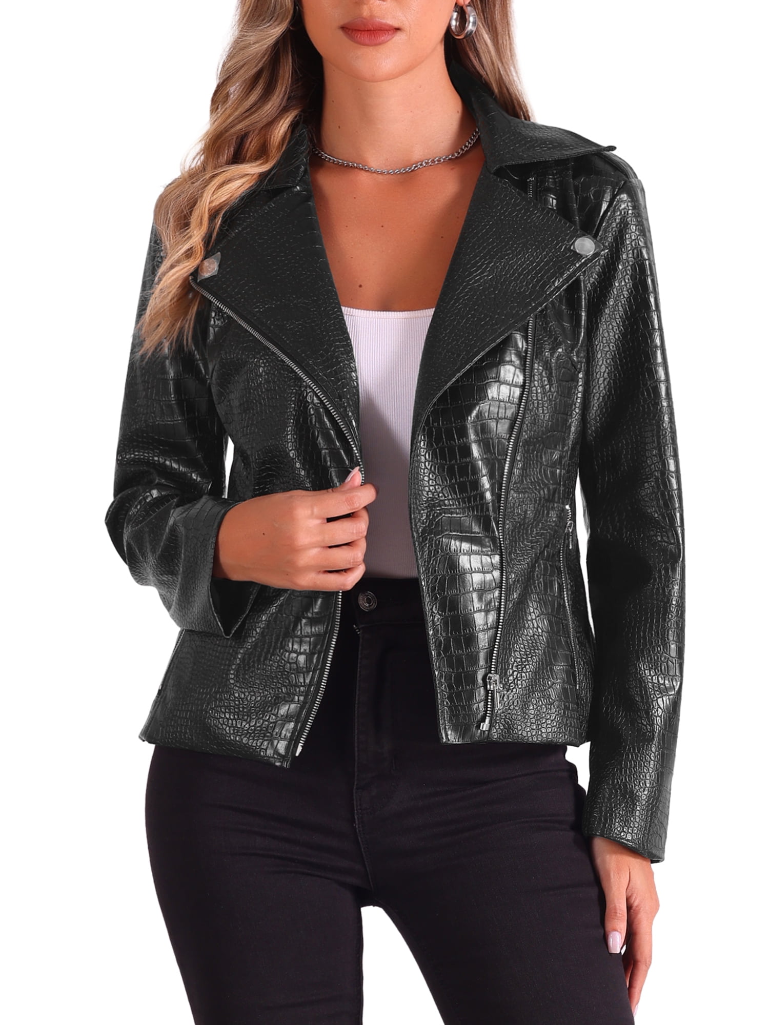 INSPIRE CHIC Faux Leather Jacket for Women's Motorcycle Zip Up Cropped PU Biker Coats