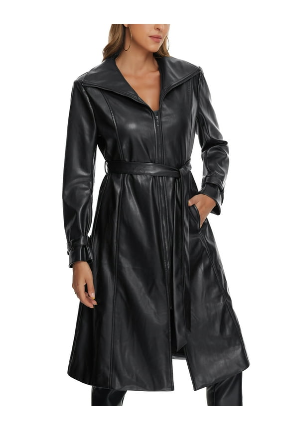 Faux Leather Long Jacket for Women's Lapel Long Sleeve Zip Casual Coat