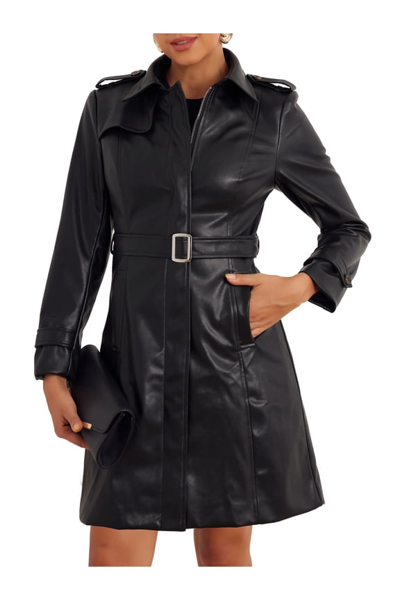 Faux Leather Long Jacket for Women's Lapel Slim Fit Long Sleeve Zip Coats