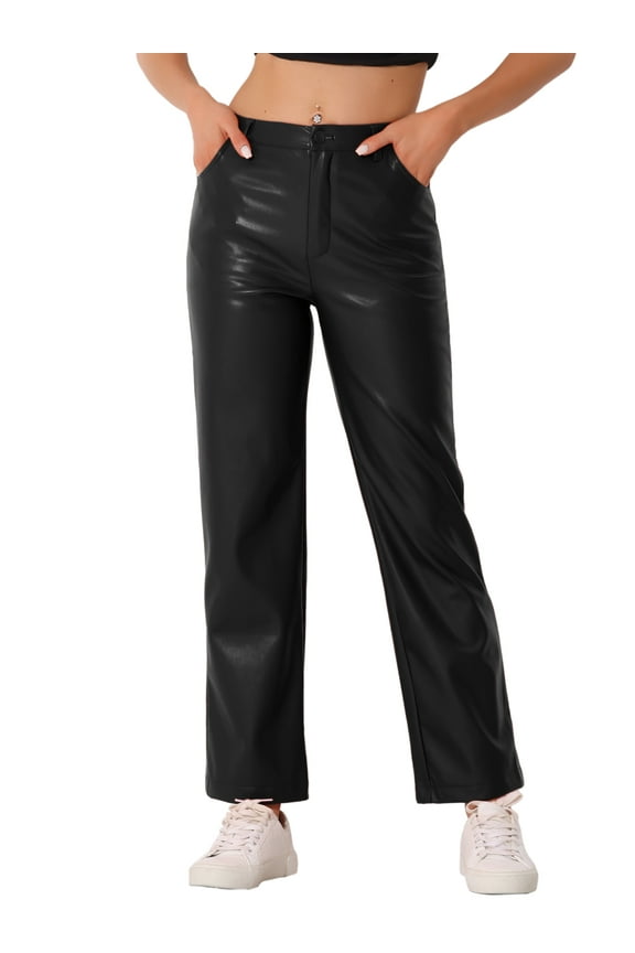 Faux Leather Pants for Women's High Waist Straight Leg Punk PU Trousers M Black