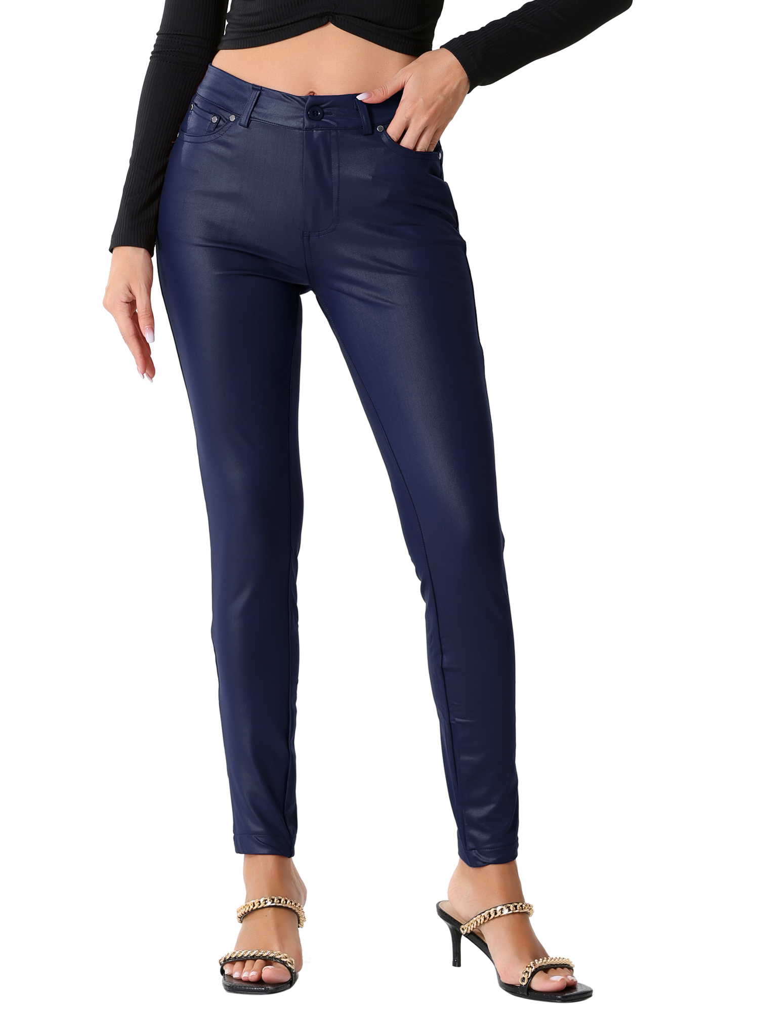 CURVY GLAM Halloween Faux Leather Pants for Women's High Waist Stretchy Slim Fit Motorcycle Legging Pants S Blue