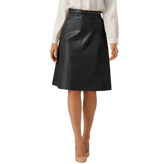 INSPIRE CHIC Women's Faux Leather Skirt A-Line High Waist Vintage Pencil Midi Skirt XS Black
