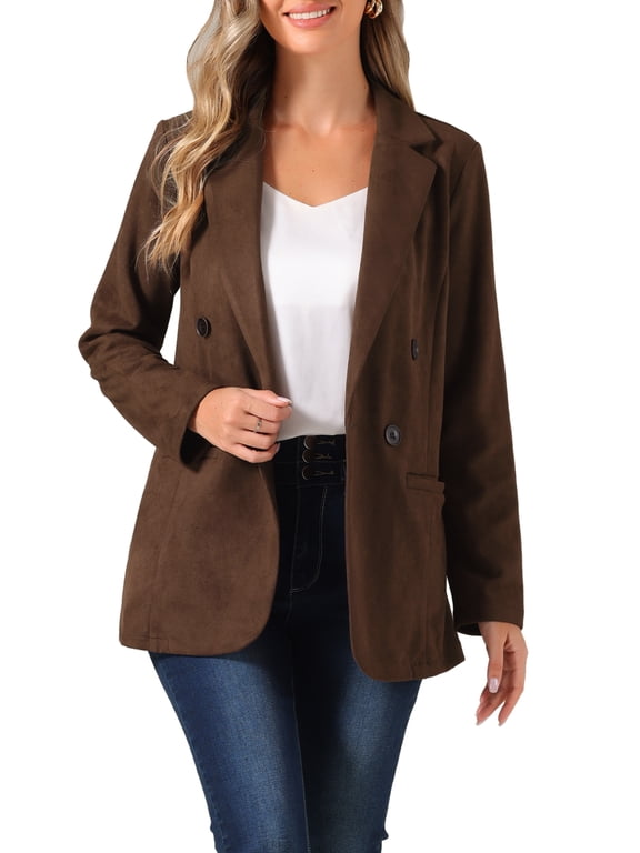 Faux Suede Blazer for Women's Dressy Lapel Collar Double Breasted Suit Jacket L Brown