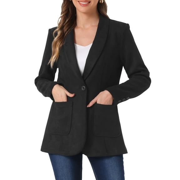 INSPIRE CHIC Women's Blazer Lapel Collar One Button Faux Suede Dressy Suit Jacket L Black
