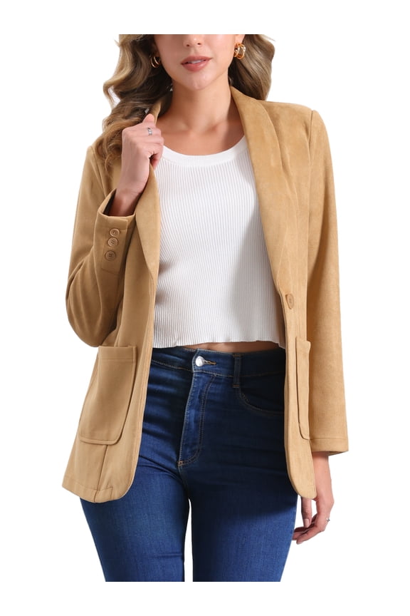 Women's Blazer Lapel Collar One Button Faux Suede Dressy Suit Jacket M Khaki