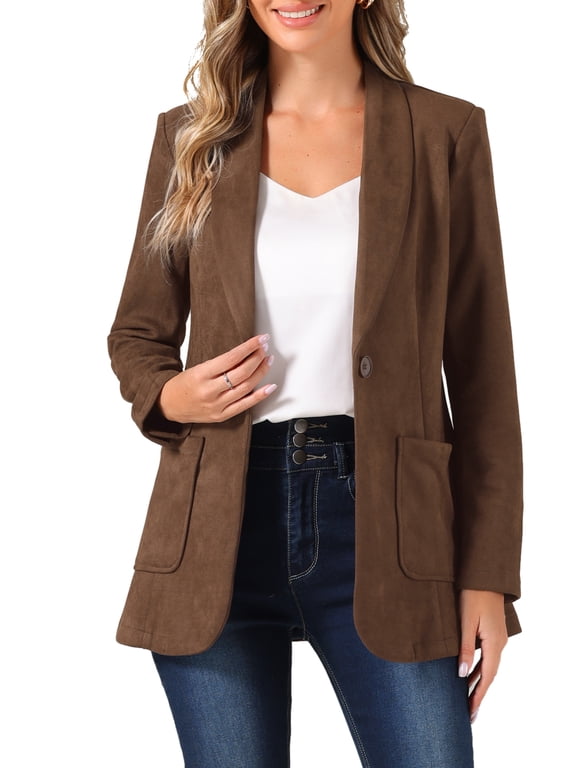Women's Faux Suede Blazer One Button Lapel Collar Open Front Suit Jacket with Pockets XL Brown
