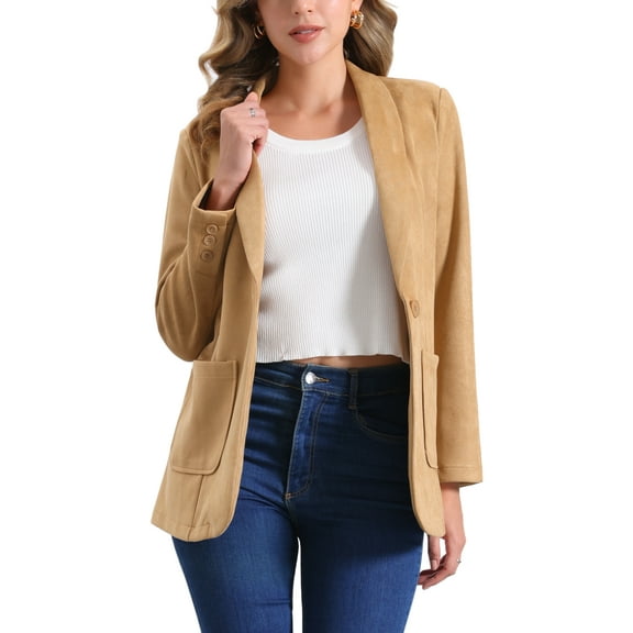 INSPIRE CHIC Women's Blazer Lapel Collar One Button Faux Suede Dressy Suit Jacket XS Khaki