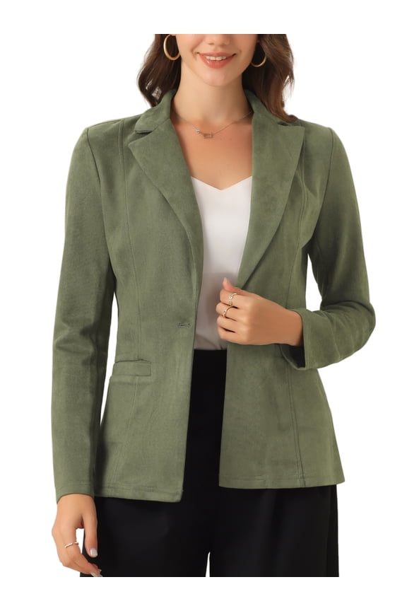 Women's Faux Suede Blazer Lapel Collar Long Sleeves Wear-to-Work Jacket L Army Green