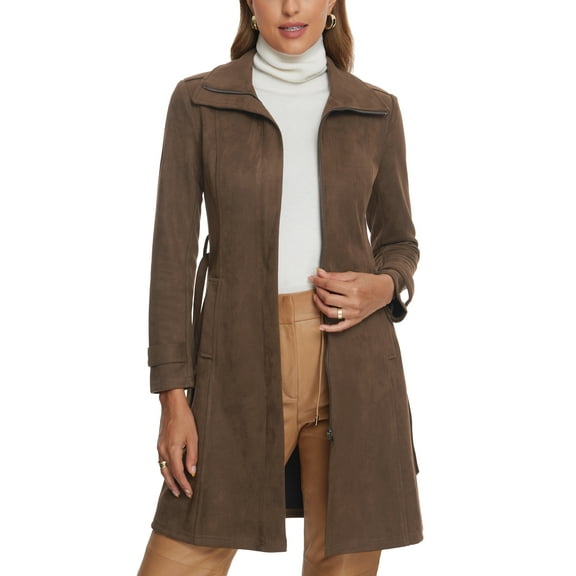 INSPIRE CHIC Faux Suede Coat for Women's Belted Long Zipper Jacket with Fashionable Design L Coffee