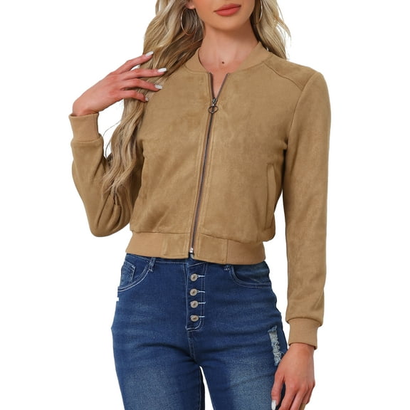 INSPIRE CHIC Women's Jacket Faux Suede Cropped Coat Stand Collar Zip Up Biker Moto Bomber Jackets M Khaki