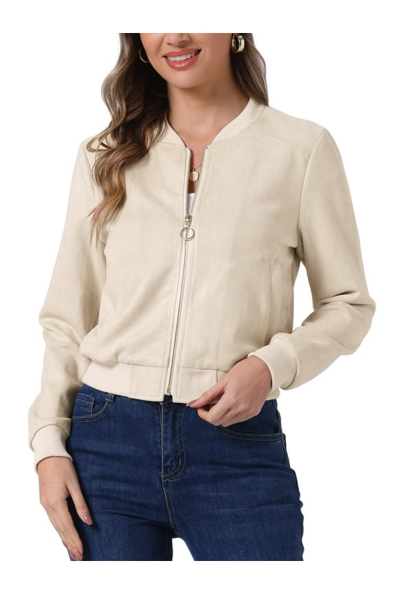 Women's Jacket Faux Suede Cropped Coat Stand Collar Zip Up Biker Moto Bomber Jackets XS Beige
