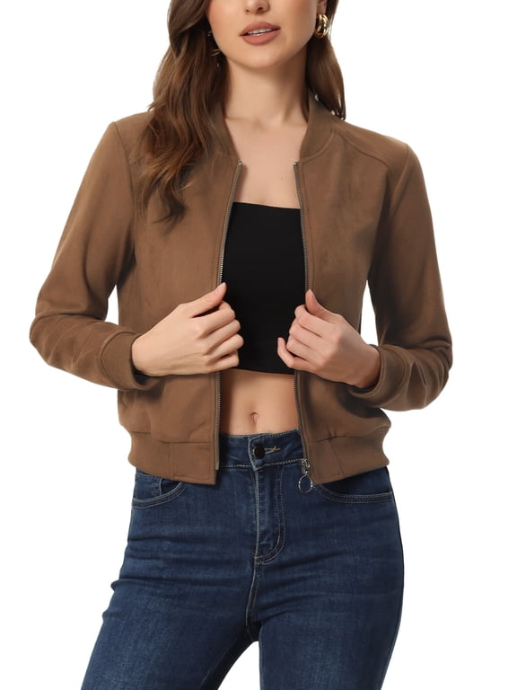 Women's Faux Suede Jacket Zip Up Cropped Biker Moto Bomber Coat Brown XS