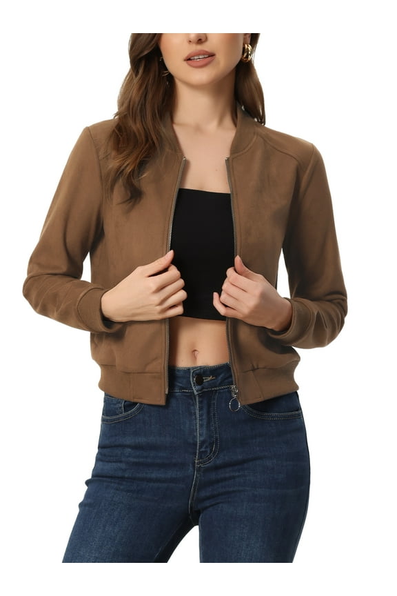 Women's Jacket Faux Suede Cropped Coat Stand Collar Zip Up Biker Moto Bomber Jackets XS Brown