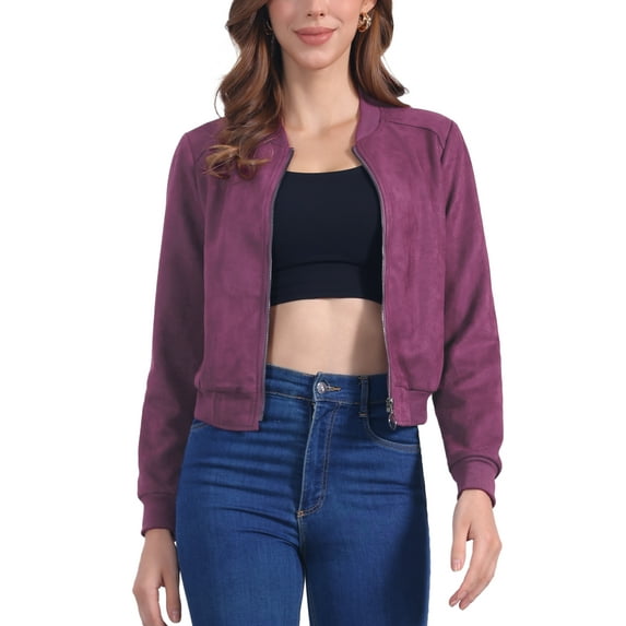 INSPIRE CHIC Women's Jacket Faux Suede Cropped Coat Stand Collar Zip Up Biker Moto Bomber Jackets XS Dark Purple
