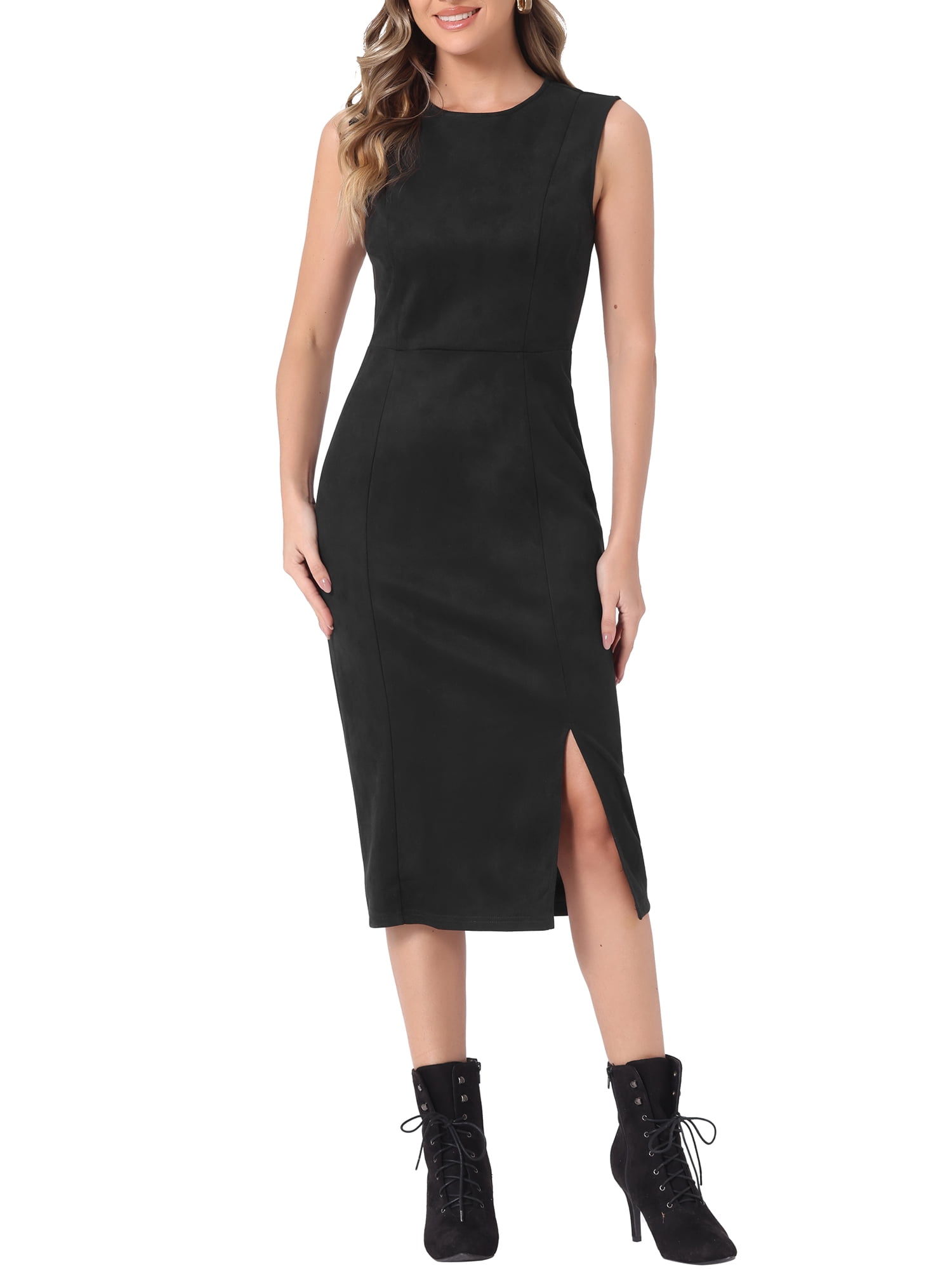 Inspire Chic Women's Faux Suede Dress Sleeveless Crewneck Split Hem Sheath Work Dress S Black