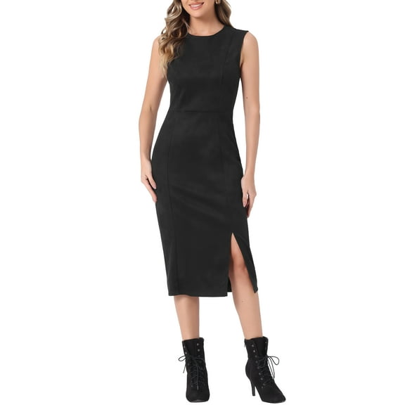 INSPIRE CHIC Women's Faux Suede Dress Sleeveless Crewneck Split Hem Sheath Work Dress S Black