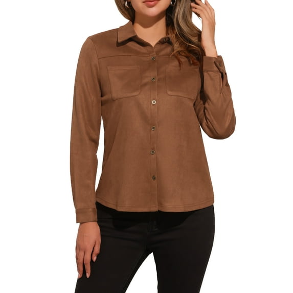 INSPIRE CHIC Faux Suede Shirt for Women's Stretch Dressy Casual Button Down Long Sleeve Shirt 2024 Fall Clothes XL Brown