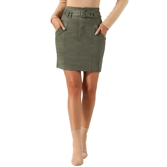 INSPIRE CHIC Women's Skirt Faux Suede High Waist Casual Belted Pencil Skirts L Army Green