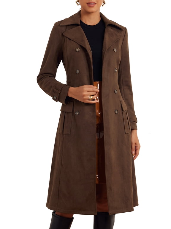 Faux Suede Trench Coat for Women's Notched Lapel Double Breasted Belted Long Sleeves Coats L Dark Coffee