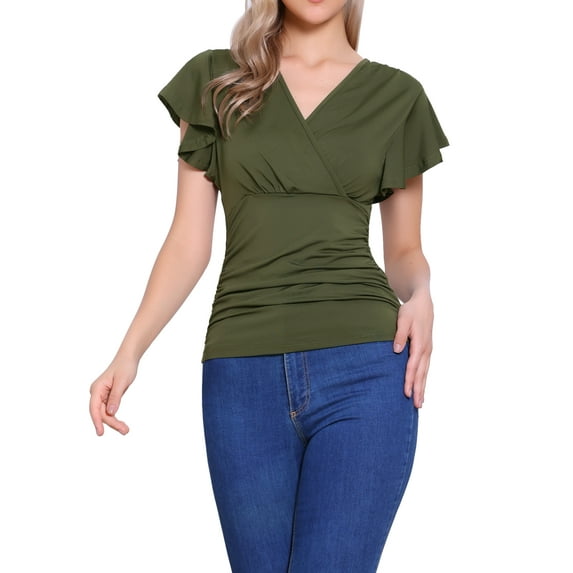 INSPIRE CHIC Faux Wrap Blouse for Women's Summer V Neck Ruffle Sleeve Casual Blouse Top L Dark Green