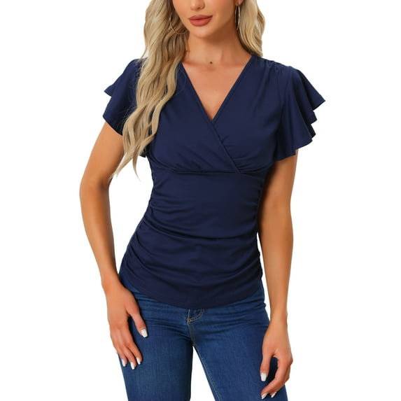 INSPIRE CHIC Faux Wrap Blouse for Women's Summer V Neck Ruffle Sleeve Casual Blouse Top M Dark Blue
